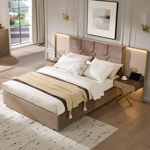 Queen Bed Frame with LED Lights, Charging Ports & Nightstands