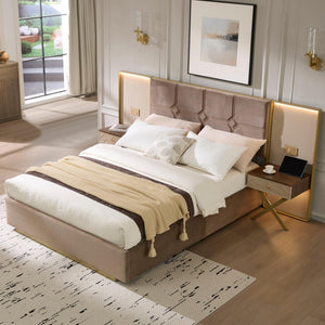 Queen Bed Frame with LED Lights, Charging Ports & Nightstands