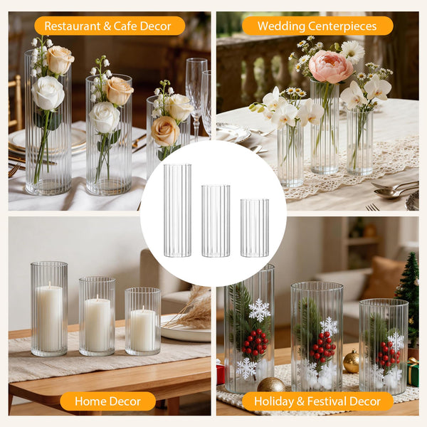 Ribbed Glass Vases Set of 24 – Bulk Clear Glass Centerpiece Vases with Assorted Heights