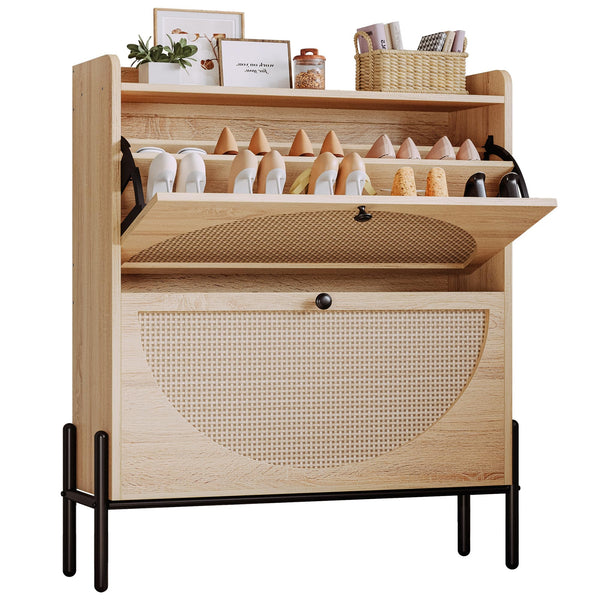 Rattan Shoe Cabinet with Flip Drawers