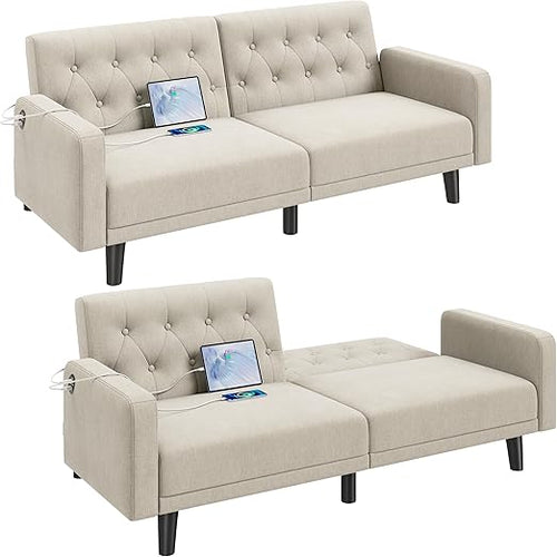 63" Convertible Futon Sofa Bed with USB Ports & Reclining Backrest