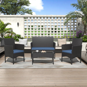 4-Piece Outdoor Rattan Patio Conversation Set with Cushions & Glass Table