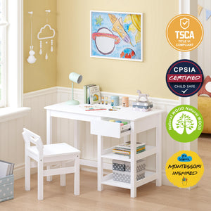 Kids Desk & Chair Set – Wooden Study Table with Drawer & Shelves, Ages 3–8