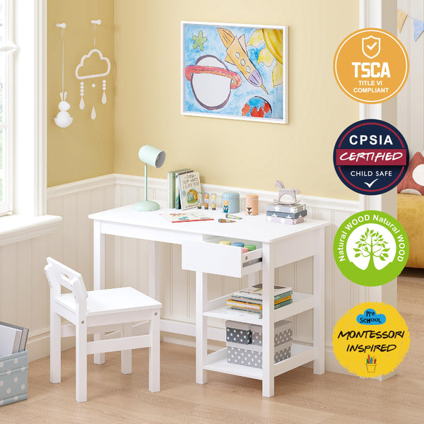 Kids Desk & Chair Set – Wooden Study Table with Drawer & Shelves, Ages 3–8