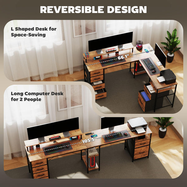 L-Shaped Computer Desk with File Cabinet, Power Outlets & LED Lights