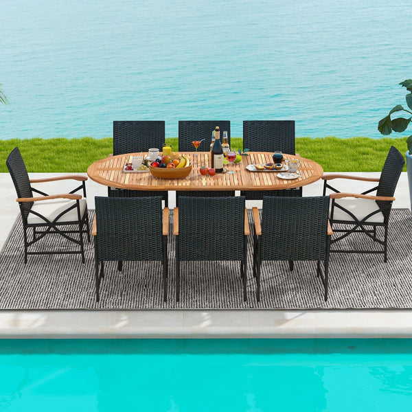 9-Piece Outdoor Wicker Dining Set with Acacia Wood Table