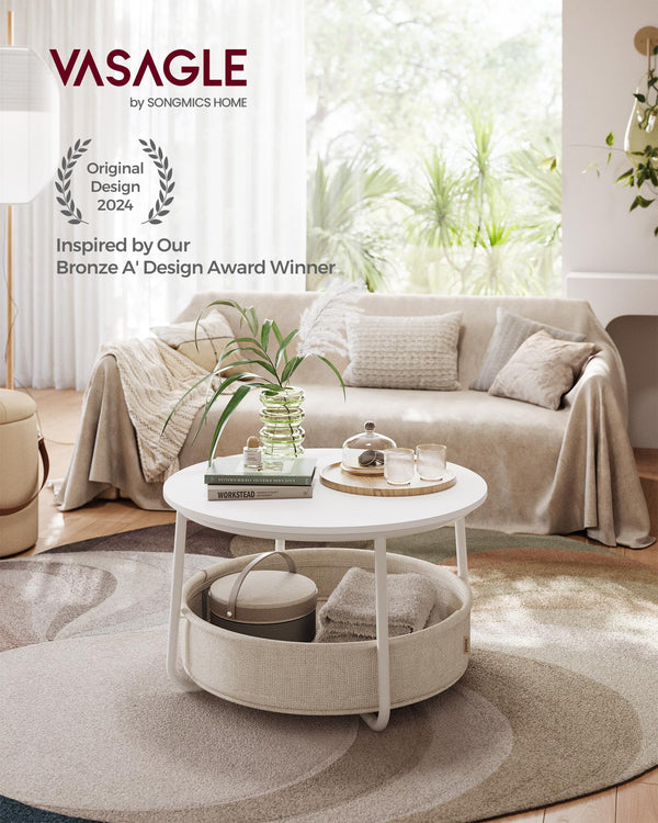 Round Coffee Table with Fabric Storage Basket & Metal Frame