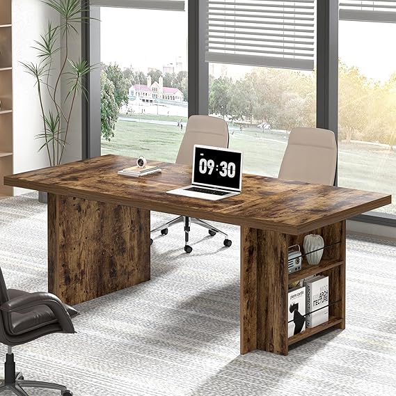 70" Large Executive Desk with Storage Shelves, Industrial Wood