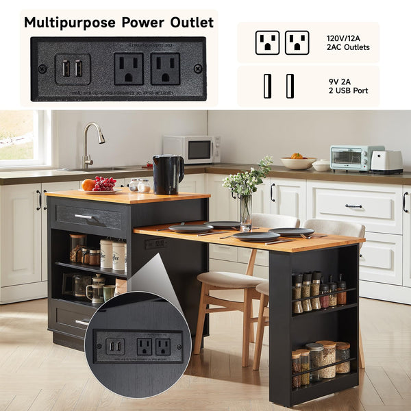 Expandable Kitchen Island with Dining Table & Storage