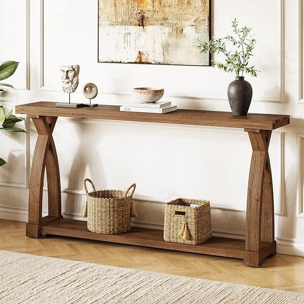 63-Inch Solid Wood Console Table with 2-Tier Storage