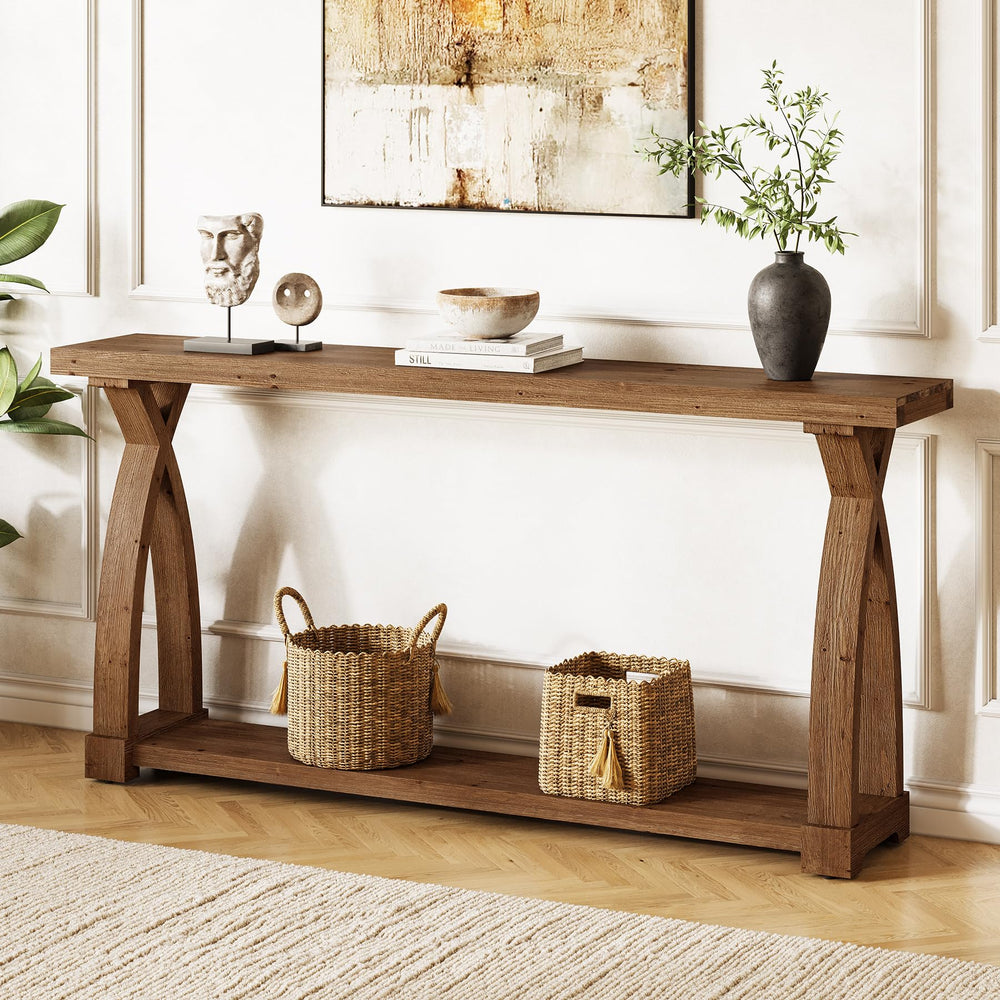 63-Inch Solid Wood Console Table with 2-Tier Storage