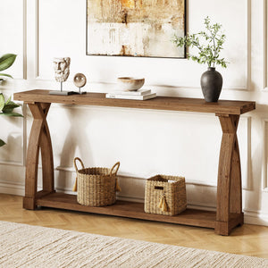 63-Inch Solid Wood Console Table with 2-Tier Storage