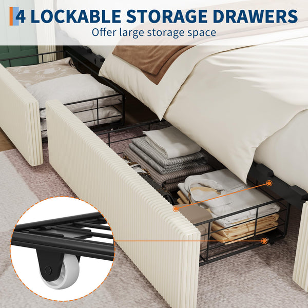 King Size Bed Frame with Storage Drawers, Corduroy Upholstered Wingback Platform Bed