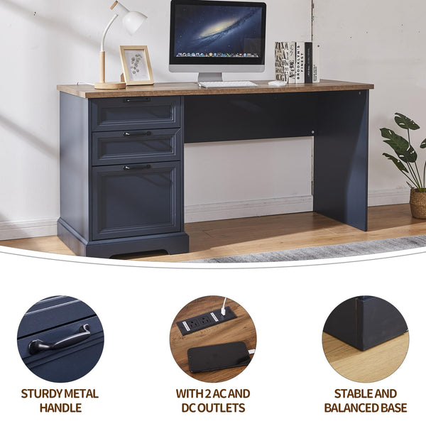 L-Shaped Executive Desk with Adjustable File Cabinet and Charging Station