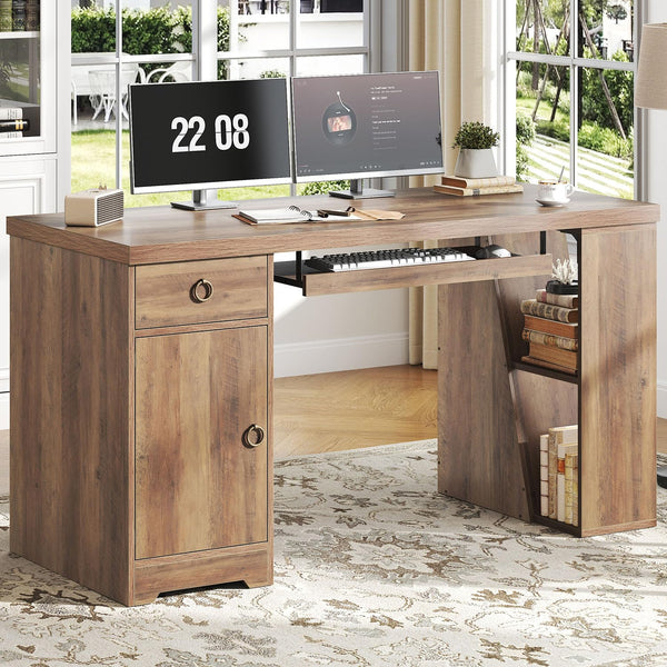 55 Inch Farmhouse Executive Desk with Drawers, Keyboard Tray & Storage Shelves
