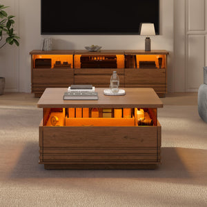 Square Fluted Coffee Table with LED Lights and Storage