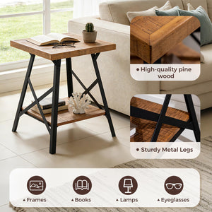 2-Tier Solid Wood End Table with Storage Shelf