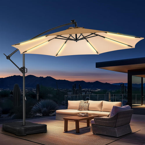 10 ft Offset Patio Umbrella with Solar LED Lights & Base