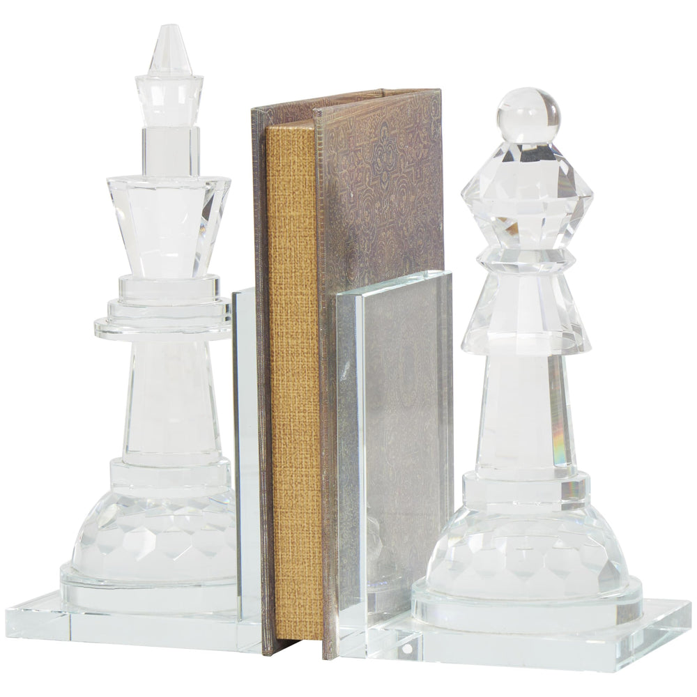 Crystal Chess Bookends Set of 2 – Clear Glossy Glass, 9.55" H
