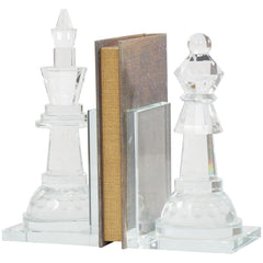 Crystal Chess Bookends Set of 2 – Clear Glossy Glass, 9.55" H