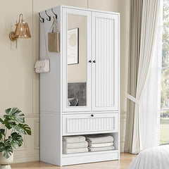 Wardrobe Closet with Mirror Door, Drawer & Hanging Rod