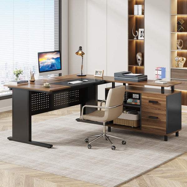 L-Shaped Executive Desk with File Cabinet & Storage Shelves