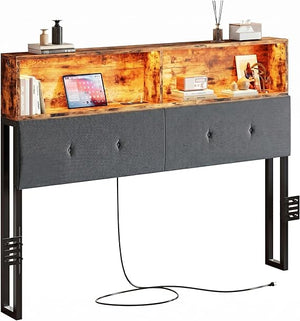 Queen Upholstered Headboard with Storage, LED Light & Charging Station