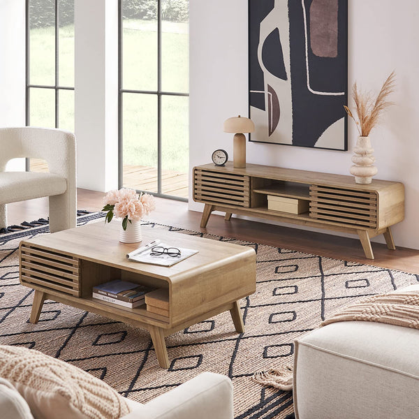 Mid-Century Fluted Coffee Table with 4-Compartment Storage & Tapered Legs