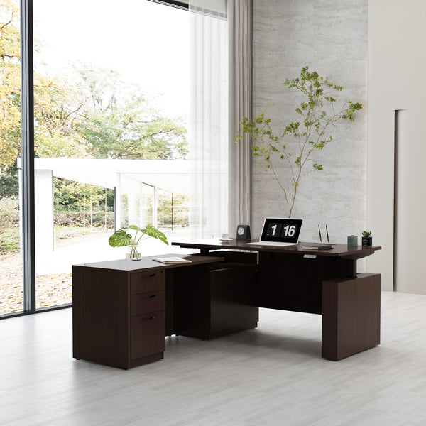 L-Shaped Height Adjustable Executive Standing Desk with Lockable Cabinets