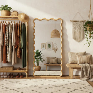 Boho Wavy Wood Floor Mirror