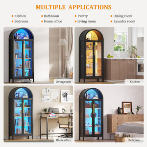 5-Tier Arched Glass Door Storage Cabinet with LED Lights – Black