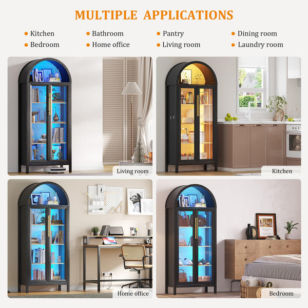 5-Tier Arched Glass Door Storage Cabinet with LED Lights – Black