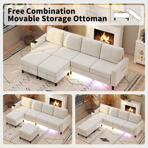 U-Shaped Sectional Sofa with LED Lights, Wireless Charging & Storage Ottomans