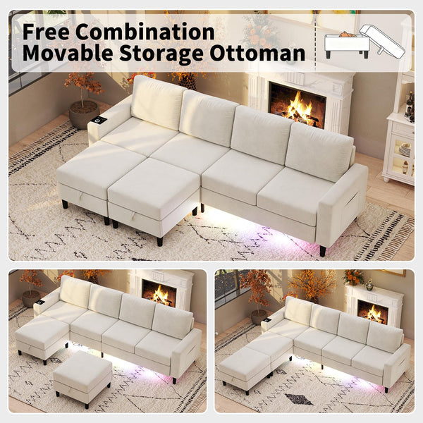 U-Shaped Sectional Sofa with LED Lights, Wireless Charging & Storage Ottomans