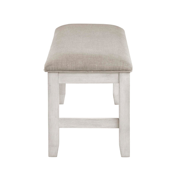 Upholstered Dining Bench with Wood Frame – Light Gray Fabric, Antique White Finish