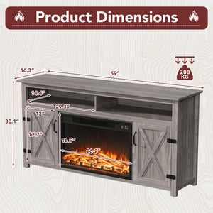 Fireplace TV Stand with Storage & Barn Doors – Grey