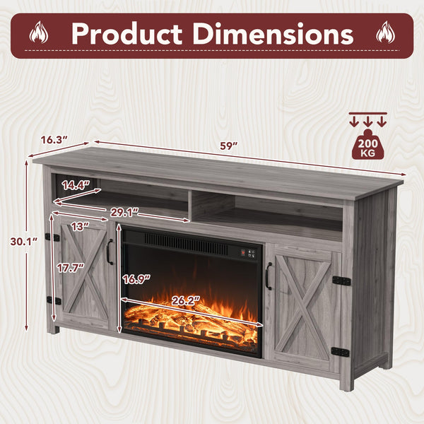 Fireplace TV Stand with Storage & Barn Doors – Grey