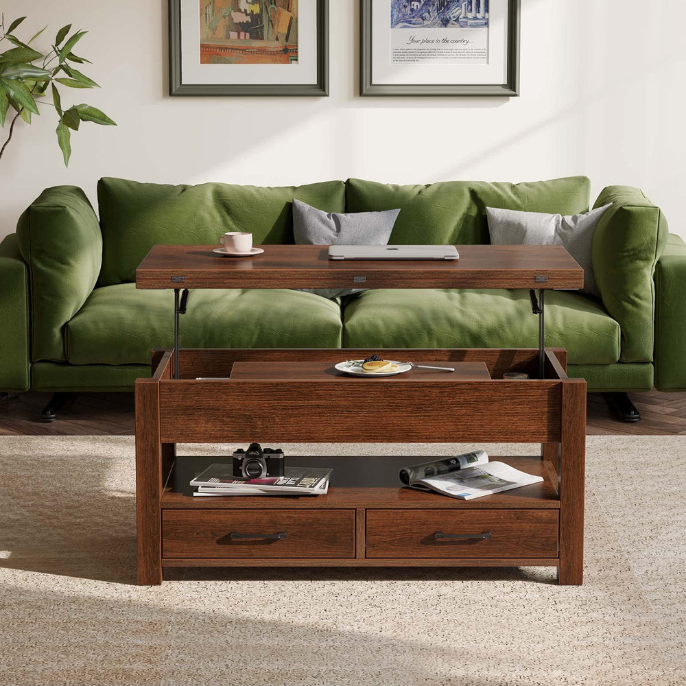 Split Lift-Top Coffee Table with Drawers & Hidden Storage