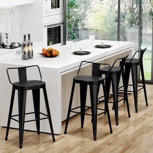 Metal Bar Stools Set of 4 with Back, Indoor Outdoor Counter Height, Matte Black