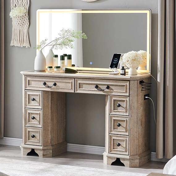 48-Inch Farmhouse Vanity Desk with Lighted Mirror and 8 Drawers