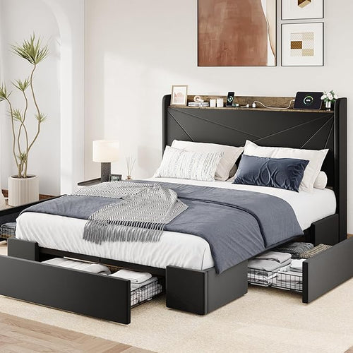 Velvet Platform Bed with Storage Drawers & USB Ports
