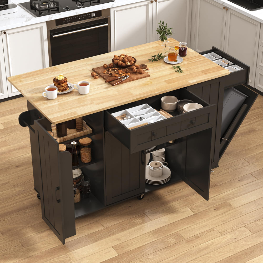 59" Rolling Kitchen Island Table on Wheels with Drop Leaf & Power Outlet