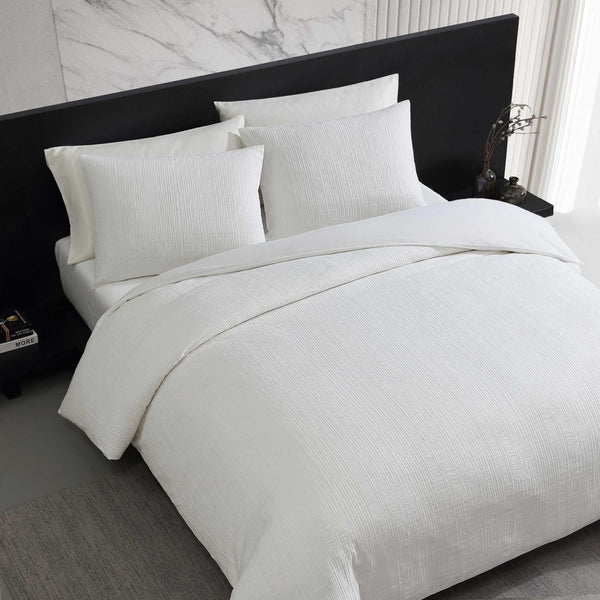 Cotton Comforter Set with Shams – Bark Texture White Grid Pattern