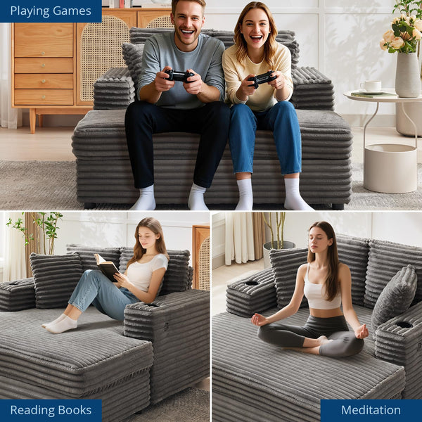 60-Inch Oversized Chaise Lounge Sofa with Charging Station & Cup Holders