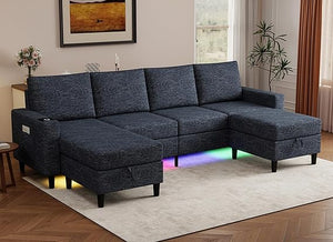 U-Shaped Sectional Sofa with RGB LED Light & USB Charging