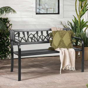 Outdoor Metal Patio Bench with Floral Backrest