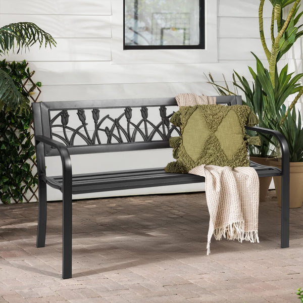 Outdoor Metal Patio Bench with Floral Backrest