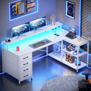 L-Shaped Desk with Drawers, LED Lights & Power Outlets