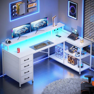 L-Shaped Desk with Drawers, LED Lights & Power Outlets