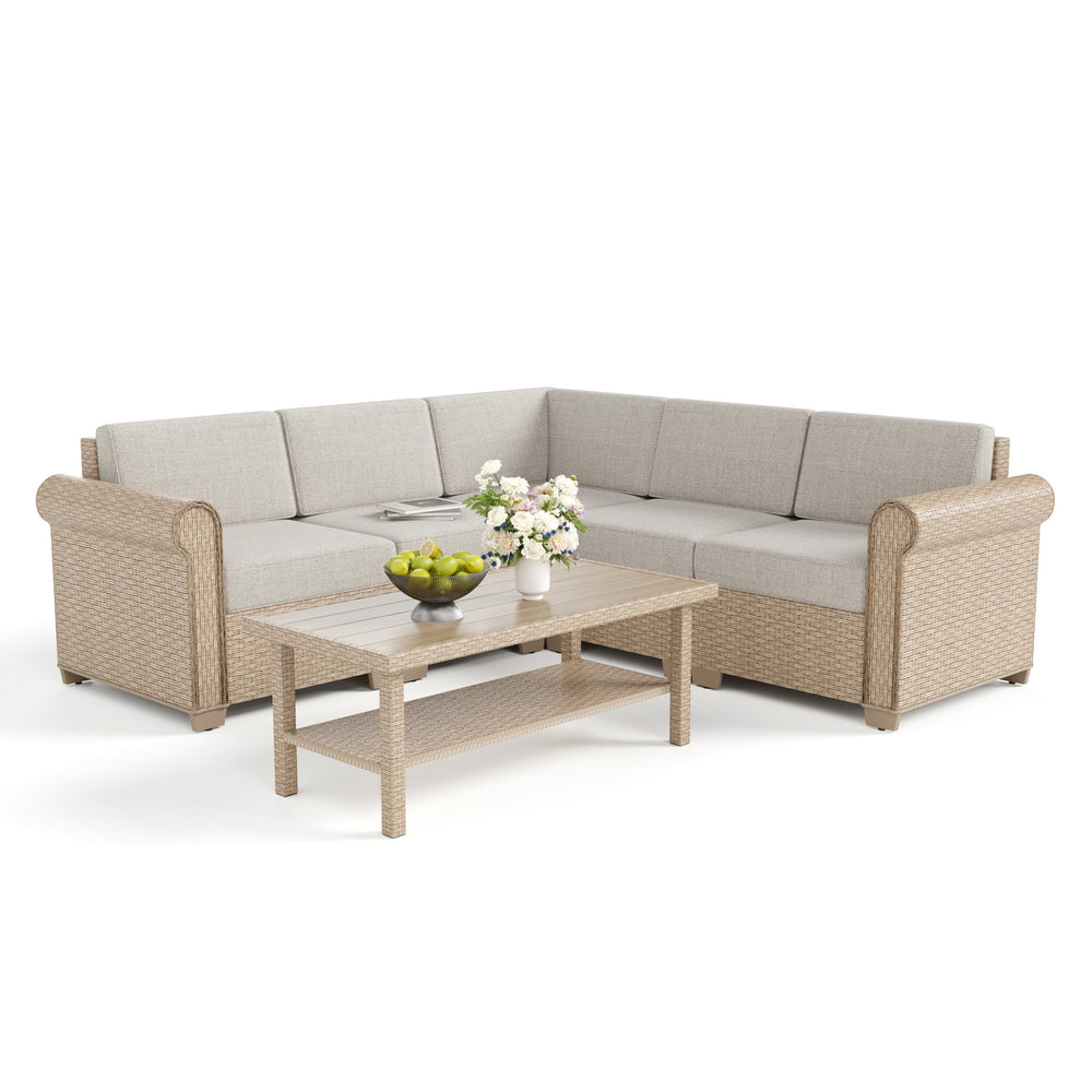 L-Shape Outdoor Wicker Sectional Sofa Set with Cushions & Coffee Table